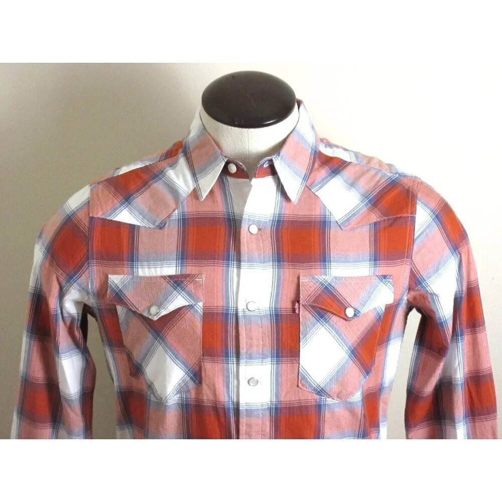 Levi's Men's Western Snap Front Plaid Red White Blue Cotton Shirt Classic NWT